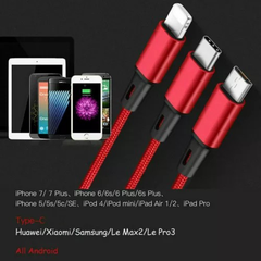 3-in-1 Nylon Braided USB Charging Cable, Universal Multi-Device Sync & Charge Cord with Type-C, Micro USB, and iOS Connectors, USB-Powered, Voltage ≤36V - Compatible with Smartphones, Tablets, and More