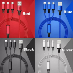 3-in-1 Nylon Braided USB Charging Cable, Universal Multi-Device Sync & Charge Cord with Type-C, Micro USB, and iOS Connectors, USB-Powered, Voltage ≤36V - Compatible with Smartphones, Tablets, and More