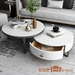 Bàn sofa đôi tròn có hộc kéo chân sắt hiện đại mặt đá ceramic BTS-98