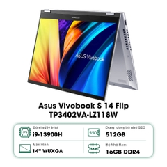 Laptop Asus Vivobook S 14 Flip TP3402VA-LZ118W (Intel Core i9-13900H | 16GB | 512GB | Intel UHD | 14.0-inch WUXGA | Cảm ứng | Win 11 | Bạc)