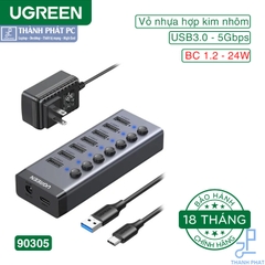 Bộ HUB chia 7 cổng USB 3.0 5Gbps vỏ nhôm, công tắc Ugreen 90305
