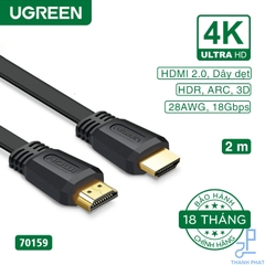 Cáp HDMI 2.0 dẹt dài 2m 4K@60Hz Ugreen 70159