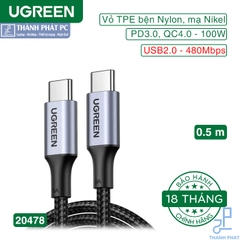 Cáp Type-C QC4.0, PD3.0 100W dài 0,5m Ugreen 20478