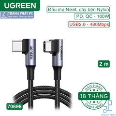Cáp Type-C bẻ góc 2 đầu 90 độ dài 2m Ugreen 70698