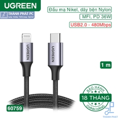 Cáp Type-C to lightning chuẩn MFi dài 1m Ugreen 60759