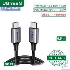 Cáp Type-C PD-60W bọc nylon dài 0,5m Ugreen 50149