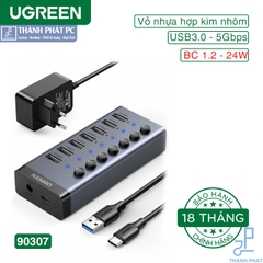 Bộ HUB chia 7 cổng USB 3.0 vỏ nhôm, công tắc Ugreen 90307