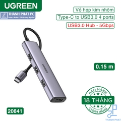 Hub USB Type-C ra 4 cổng USB 3.0 vỏ nhôm Ugreen 20841