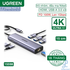 Hub Type-C 6 in 1 HDMI USB 3.0 Lan 1Gbps PD Ugreen 15598