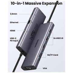 Hub Type-C 10 in 1 HDMI/VGA/USB/Lan 3.5mm/SD/TF/PD Ugreen 15601