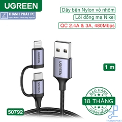 Cáp USB A sang Lightning+Type-C 3A dài 1m Ugreen 50792