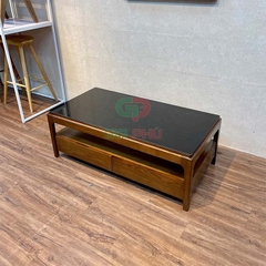Bàn trà gỗ sồi mặt kính 2 ngăn kéo Rustic - BT41