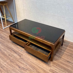Bàn trà gỗ sồi mặt kính 2 ngăn kéo Rustic - BT41