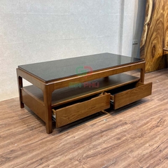 Bàn trà gỗ sồi mặt kính 2 ngăn kéo Rustic - BT41