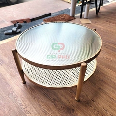 Bàn trà gỗ sồi tròn 2 tầng mặt kính sóng - BT9