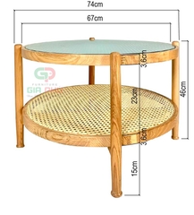 Bàn trà gỗ sồi tròn 2 tầng mặt kính sóng - BT9