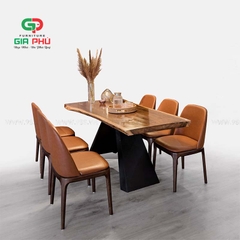 Bộ bàn ăn Eliot gỗ nguyên tấm 6 ghế grace bọc da - BBG24