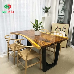 Bộ bàn ăn gỗ me tây nguyên tấm 4 ghế  wishbone đan dây - BBG11