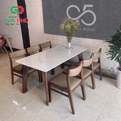 Bộ bàn ăn mặt đá chân gỗ Howard 6 ghế gỗ Bella - BBG1