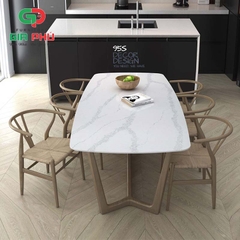 Bộ bàn ăn mặt đá chân gỗ Concorde 6 ghế gỗ Wishbone đan dây - BBG5