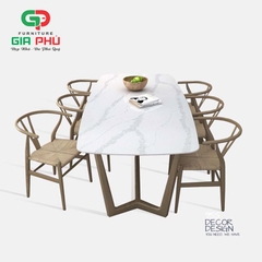 Bộ bàn ăn mặt đá chân gỗ Concorde 6 ghế gỗ Wishbone đan dây - BBG5