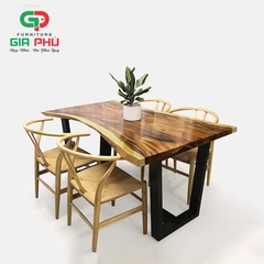 Bộ bàn ăn gỗ me tây nguyên tấm 4 ghế  wishbone đan dây - BBG11