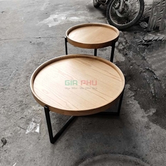 Cặp bàn trà đôi mặt tròn gỗ sồi chân sắt - BT21