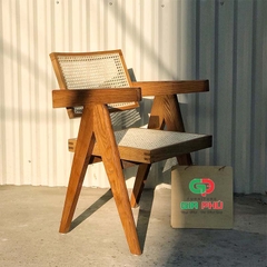 Ghế gỗ lựa lưng mây có tay V leg màu nâu óc chó G31-W