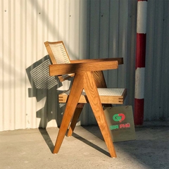 Ghế gỗ lựa lưng mây có tay V leg màu nâu óc chó G31-W