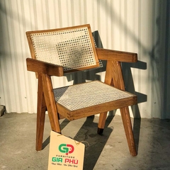 Ghế gỗ lựa lưng mây có tay V leg màu nâu óc chó G31-W