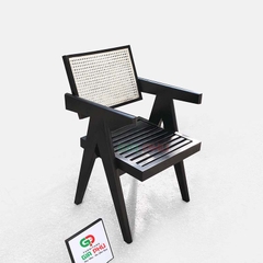 Ghế gỗ lưng mây Jeanneret có tay màu đen - G31D