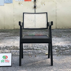 Ghế gỗ lưng mây Jeanneret có tay màu đen - G31D