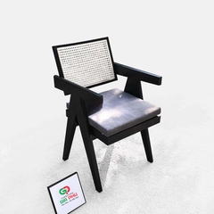 Ghế gỗ lưng mây mặt nệm Jeanneret có tay màu đen - G31E