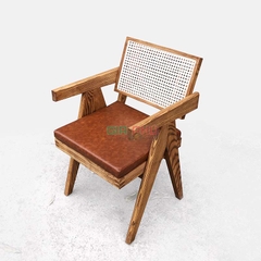 Ghế gỗ tựa lưng mây mặt nệm có tay Jeanneret V-leg - G31B