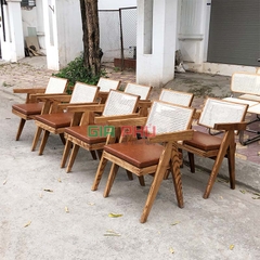 Ghế gỗ tựa lưng mây mặt nệm có tay Jeanneret V-leg - G31B
