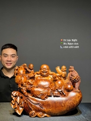 Tượng Di lạc  ngồi bao tiền vàng gỗ nu ngọc am đẹp