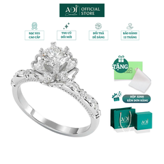 Nhẫn Bạc Nữ ADJ Hoa 6 Cánh Trái Tim Viền Đá Lấp Lánh Viên Chủ Sang Trọng