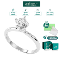 Nhẫn Bạc Nữ ADJ 4 Chấu Cánh Sen Trụ Tròn Nạm Đá Viên Chủ Lấp Lánh Sang Trọng