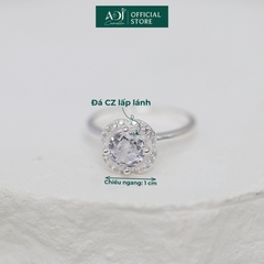 Nhẫn Bạc Nữ ADJ Hoa 4 Cánh Viền Đá Tròn Viên Chủ Lấp Lánh Đế Nạm Tinh Xảo