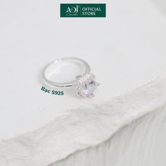 Nhẫn Bạc Nữ ADJ Hoa 4 Cánh Viền Đá Tròn Viên Chủ Lấp Lánh Đế Nạm Tinh Xảo