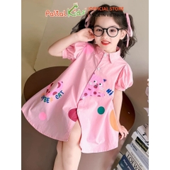 Đầm Sơ Mi Babydoll Tay Phồng Thô Mềm Họa Tiết Mèo Bé Gái Cao Cấp - 02C 9210