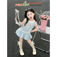 Đầm Kate Đũi Nhăn Sát Nách Bèo Dáng Bí Họa Tiết Sọc Caro Bé Gái Cao Cấp