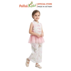 TRUNG THU 2026 - Set Cổ Tàu Áo Phối Voan Hoa Sen Bé Gái Cao Cấp