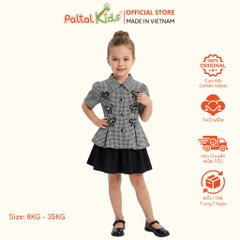 Set Áo Sơ Mi Caro Đính Nơ Đá Mix Chân Váy Xếp Ly 2 Tầng Bé Gái Cao Cấp - 022 6063
