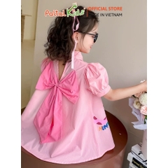 Đầm Sơ Mi Babydoll Tay Phồng Thô Mềm Họa Tiết Mèo Bé Gái Cao Cấp - 02C 9210