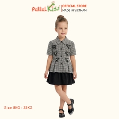 Set Áo Sơ Mi Caro Đính Nơ Đá Mix Chân Váy Xếp Ly 2 Tầng Bé Gái Cao Cấp - 022 6063