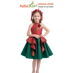 TRUNG THU 2026 - Set Yếm Gấm Thêu Hoa Tà Dài Phối Váy Phồng Tặng Kèm Mấn Bé Gái Cao Cấp