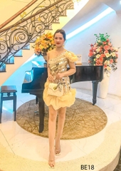 Đầm Ngắn Chéo Vai Tráng Gương Nhún Phồng