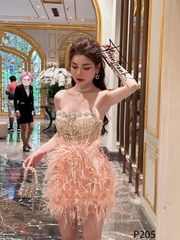 Đầm TK Ngắn Cúp Ngực Kết Lông Vũ Đính Đá
