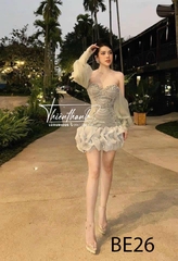 Đầm TK  Ngắn Dài Tay Bẹt Vai Đính Đá Nhún Phồng